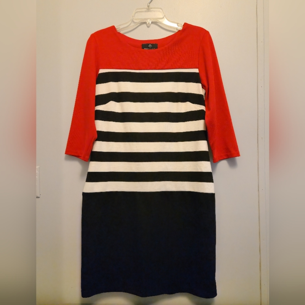 Ronni Nicole Red, Black & White Striped Midi Dress Size 10